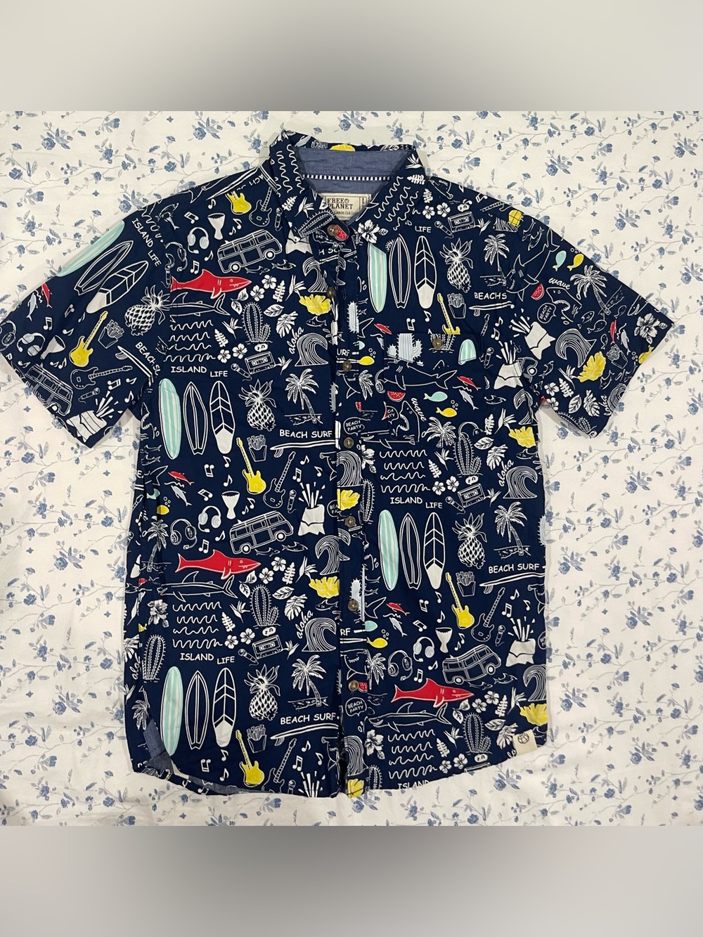 Free Planet Navy Floral & Surf Print Shirt with Accent Yellow